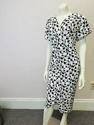 Max Mara Studio White Black Floral Jersey Stretch Wrap V-Neck Style Dress L • $58