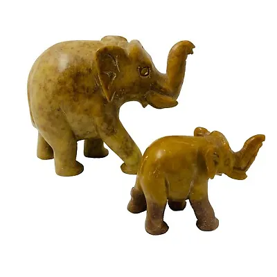Vintage Elephant X2 Pair Adult Calf Marble Stone Granite Brown Hand Carved • £7.64