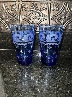 Libbey Glasses Cobalt Blue Fleur De Lis Scroll Wave Swan Block Band Tumblers 2 • $18