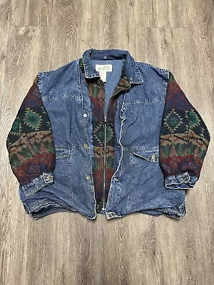 Vintage Aztec Southwestern Ash Creek Trading XL Denim Jacket Jersey Sleeves RARE • $31.99