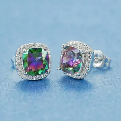 Elegant  Silver Stud Earrings Women Mystic Topaz Wedding Engagement Jewelry • $2.05