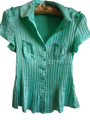 $26.37 • Buy Sunny Leigh Accordian Pleated Aqua Blue Short Sleeve Blouse Size M New!