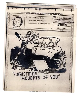 1944 WWII Illustrated V-Mail - Christmas Navy Censor 10th Naval Const. Batt. • $17.50