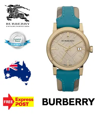 New Burberry 'the City' Bu9112 Gold/blue Leather Check Womens Quartz Watch • $329.99