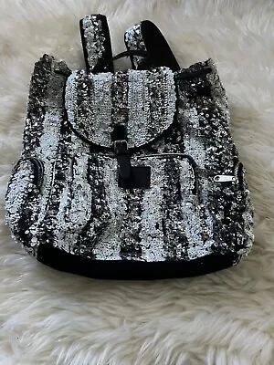 Victoria Secret Black White Stripe Bling Sequin Book Bag Full Size Backpack • $39.99