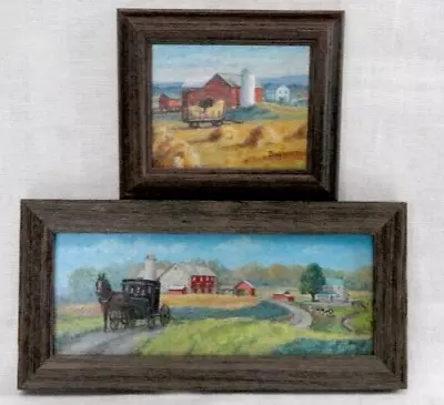 2 Framed Original Biehl Paintings ~ 2 Pa Farms ~ Amish Horse & Buggy ~ Cows • $45