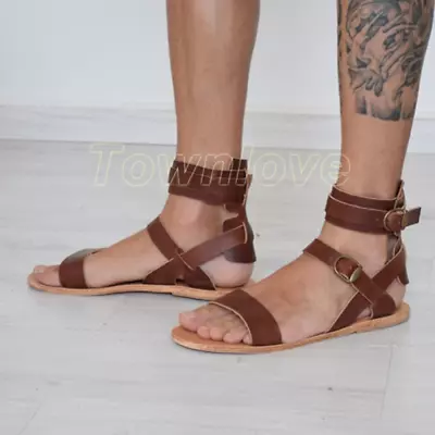 Men Gladiator Open Toe Ankle Strap Sandal Casual Leather Hollow Out Shoes Beach • $40.58