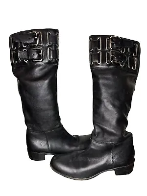 Miu Miu Womens Leather Silver Buckle Knee High Boots Black Size 35.5 5.5 • $199