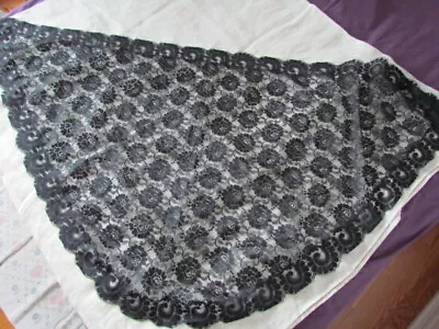 Black Floral Lace Mantilla Antique Vintage Church Scarf Wrap Mourning Veil Spain • $44.33