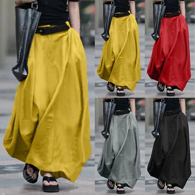 UK Women Elastic Waist Casual Loose Long Maxi Skirts Side Pockets Solid Dress • £19.99