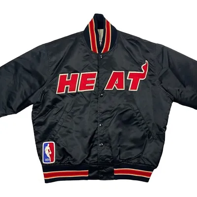 Vtg  Rare Nba Miami Heat  Starter Black Red Satin Jacket Large • $245