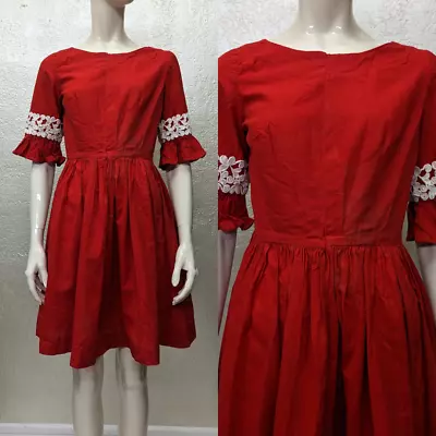 Vintage 1950's Handmade Red Dress Ruffle Sleeve White Lace AS-IS Square Dance • $28