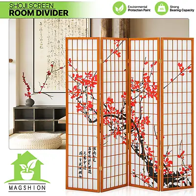 4 Panel Wooden Folding Room Divider Plum Blossom Privacy Partition Fabric Screen • $106.99