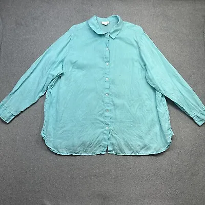 J Jill Love Linen Tunic Shirt Womens 2X Aqua Blue Button Up Lightweight Beach • $24.30