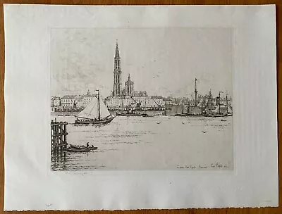 Eugène Béjot  Le Quai Van Dyck Anvers  (1924) Etching Signed • $135