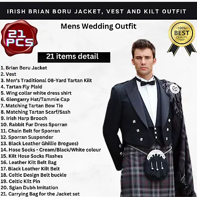 21 Pcs | Mens Prince Charlie Jacket- Mens Tartan Kilt Wedding Outfit- Mens Kilt • $310.19