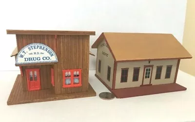 Two  Miniature Wood Building - A Drug Store  And A Depot • $18