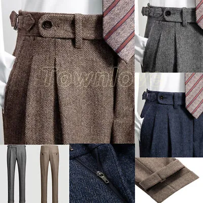 Vintage Men's Tweed Herringbone Pants Woolen Casual Business Trousers Custom • $49.99