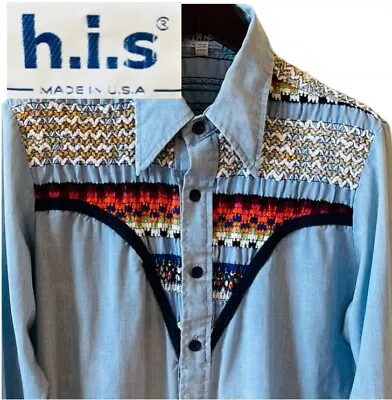 Vintage HIS Mens XL Detailed Embroidered Chambray Western Shirt Colorful • $35
