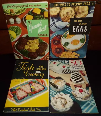 Lot Of 4 Vintage Cookbooks Fish Meat Eggs Desserts 1937 Thru 1965 - Acceptable • $6.95