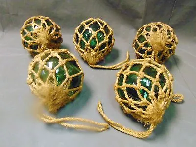 £97.66 • Buy Lot Of 5 VINTAGE 5  HAND BLOWN GREEN GLASS FISHING FLOATS BUOY IN NET Iceland