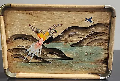 Vtg  Wood Serving Bar Tray ART PAINTED Birds Water Mountain JAPAN MCM 13 X 9 • $62.05