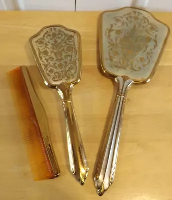 Vintage Gold Tone Metal Hand Held Mirror & Hair Brush Comb Vanity Set • $19.99