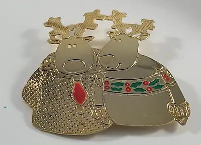 Christmas Holiday  Brooch Pin Signed NewPro Reindeer Moose Gold Tone Enamel CUTE • $17.49