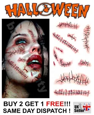 Halloween Zombie Scars Stitches Temporary Tattoos Party Wound Face Make Up Kit • £1.99
