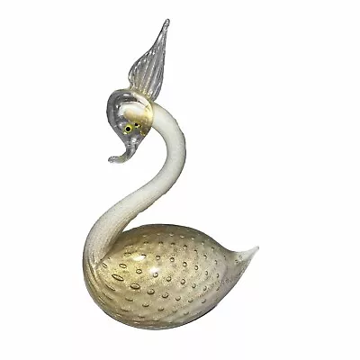 Barbini Murano Art Glass White Swan Figure With Gold Internal Bubbles  • $50