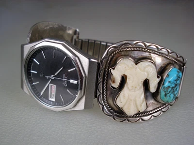 $31 • Buy OLD Fred James NAVAJO STERLING SILVER & BIGHORN SHEEP + TURQUOISE WATCH BRACELET