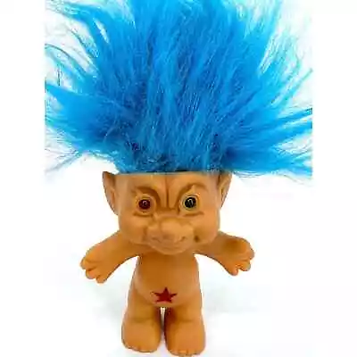 Vintage Lucky Troll Doll Red & Green Eye Red Star Belly Stamp Wish Blue Hair • $15