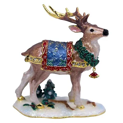 Bejeweled Enameled Pewter Christmas Reindeer Trinket Box With Crystals 3.5  High • $45.99