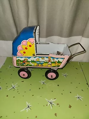 Vintage Ohio Art Tin Litho Baby Doll CARRAIGE Pram Buggy Stroller PINK On Wheels • $35