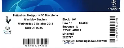 TICKET: Tottenham V Barcelona (UEFA Champions League) 2018/2019 • £5.99