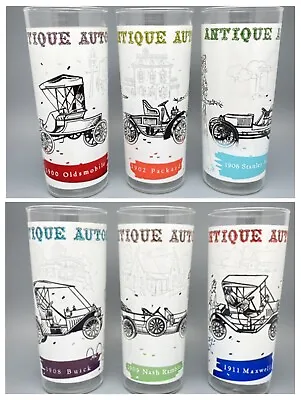 Vintage Set Of 6 Antique Auto Frosted High Ball Tumblers Glasses Automobiles Car • $19.94