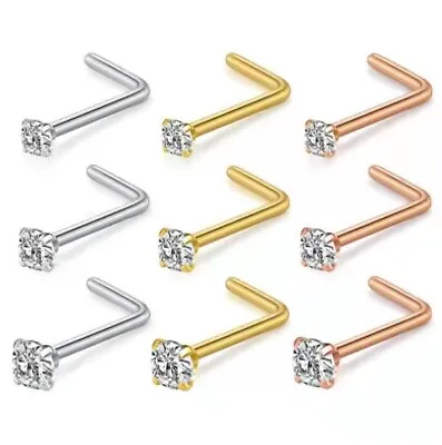 £1.89 • Buy L Shape Nose Pin 316L Surgical Steel Clear CZ Nose Stud Piercing Bar Gift UK 