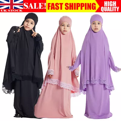 Kids Girls Overhead Hijab Muslim Prayer Dress Khimar Head Scarf Abaya Kaftan UK • £26.21