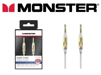 Monster Premium Stereo Audio AUX Cable 3.5mm Male Jack To Jack - White/Gold 1.2m • $11.07