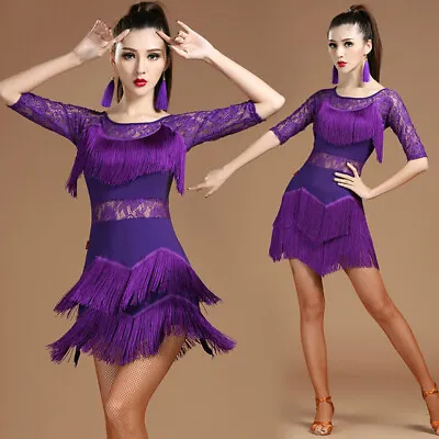 Women Lady Latin Dance Dress Tassel Salsa Cha Cha Ballroom Costume Tango Rumba • £27.47