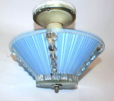 Mid-Century Art Deco Vintage Ceiling Light Fixture Light Blue/Clear Glass Shade • $69.99