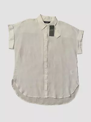 NWT RALPH LAUREN Blouse - White Linen Buttoned Short Sleeve Curved Hem Medium • $19.89
