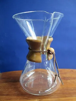 Vtg CHEMEX POUR OVER COFFEE MAKER Pyrex Glass Green Stamp 9.5  8 Cup Wood Collar • $99.99