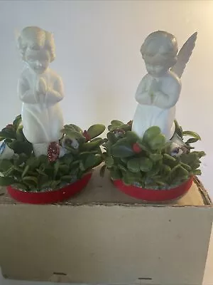 2 Vintage Praying Angels Christmas Centerpieces White Plastic Greenery Bells • $12