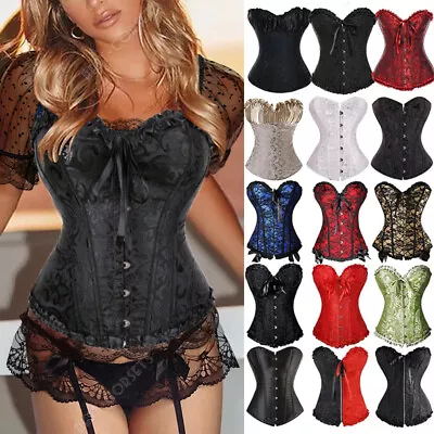 Women Lace Up Corset Sexy Bustier Top Shaper Basque Bone Overbust Plus 6-24 Size • £16.79