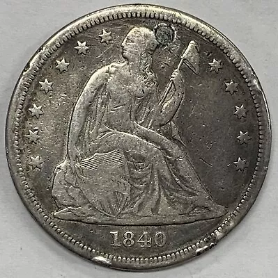 1840 Seated Liberty $1 Silver Dollar Coin-VF Details Plugged/Scratch • $122.50