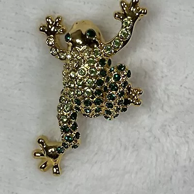 Vintage Monet Frog Pin Green Clear Rhinestones Brooch Gold Plated Signed EUC • $14.90