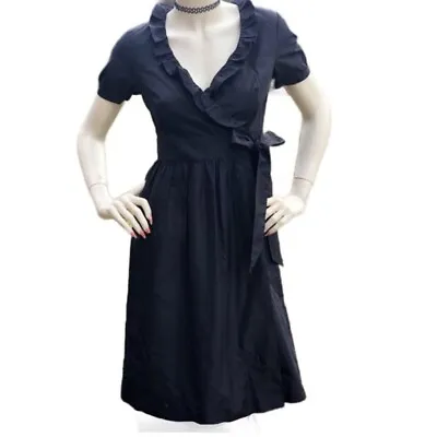 J. CREW Black Silk Taffeta Faux Wrap Dress Womens Size 4 Ruffles Short Sleeve • $29.99