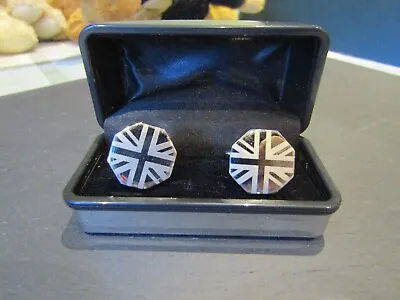 A Pair Of Silver Coloured Octagonal Union Jack Cufflinks - Boxed - Never Worn • £3.50