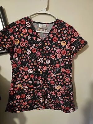 Ua Scrubs Brand Ladybugs On Black Scrub Top - Sz S • $3.99